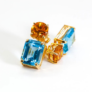 Yellow Citrine & Swiss Blue Topaz Gold Louise Drop Earrings