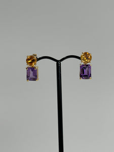 Yellow Citrine & Purple Amethyst Gold Louise Drop Earrings