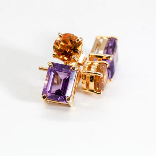 Yellow Citrine & Purple Amethyst Gold Louise Drop Earrings