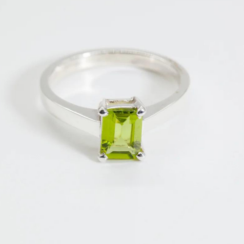 Green Peridot Silver Emerald Cut Ring (1.1ct)