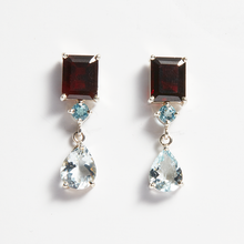 Load image into Gallery viewer, Red Garnet, Swiss Blue Topaz &amp; Aquamarine Silver Lola Drop Earrings