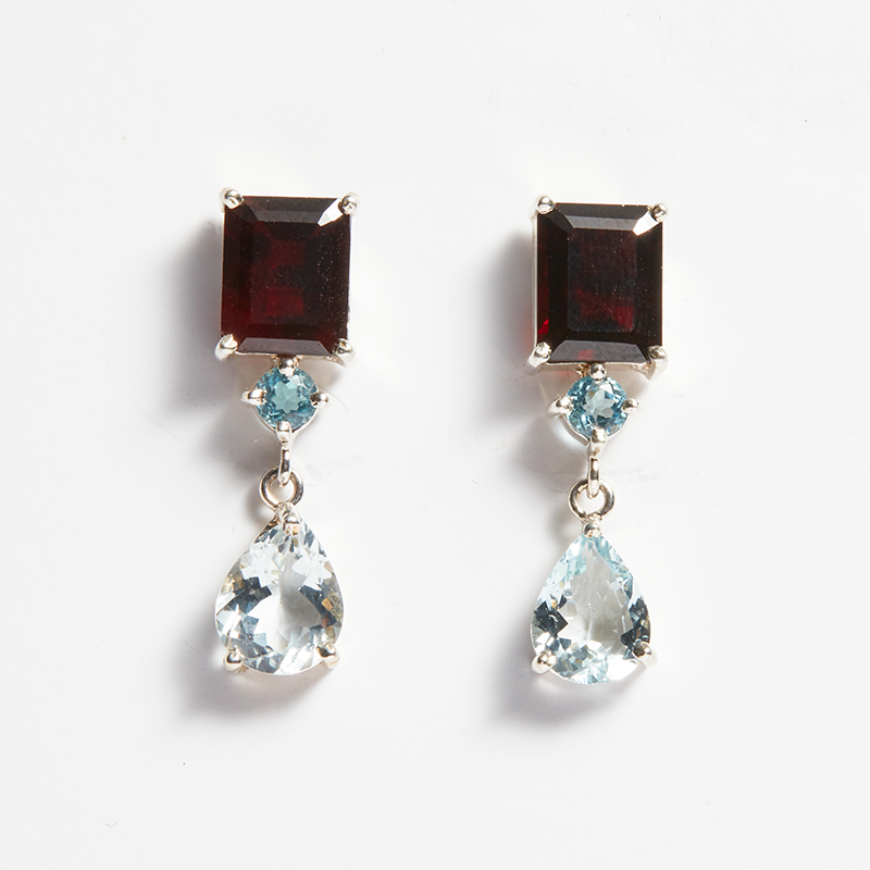 Red Garnet, Swiss Blue Topaz & Aquamarine Silver Lola Drop Earrings