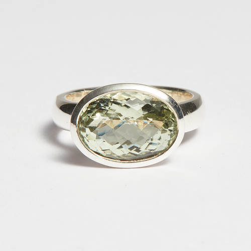 Green Amethyst Silver Side Mounted Oval Cut Bezel Ring (6.58ct - 6.74ct)