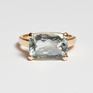 Light Blue Aquamarine Gold Side Mounted Emerald Cut Ring (6.20ct)