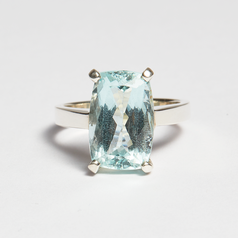 Light Blue Aquamarine Silver Emerald Cut Ring (6.39ct)