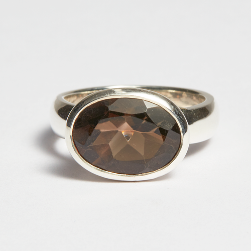 Smokey Quartz Silver Side Mounted Oval Cut Bezel Ring (4.99ct - 5.19ct)