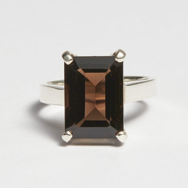 Smokey Quartz Silver Emerald Cut Ring (7.37ct - 7.46ct)