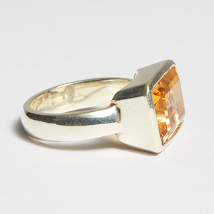 Yellow Citrine Silver Side Mounted Emerald Cut Bezel Ring (6.77ct)