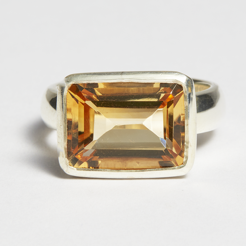 Yellow Citrine Silver Side Mounted Emerald Cut Bezel Ring (6.77ct)