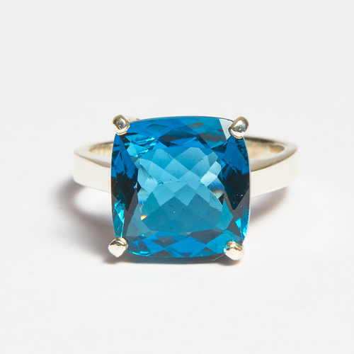 London Blue Topaz Silver Cushion Cut Ring (8.90ct - 10.90ct)