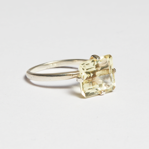 Lemon Quartz Silver Emerald Cut Ring (5ct)