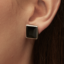 Load image into Gallery viewer, Black Onyx Silver Princess Cut Bezel Sofia Stud Earrings