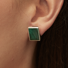 Load image into Gallery viewer, Green Malachite Silver Princess Cut Bezel Stud Earrings