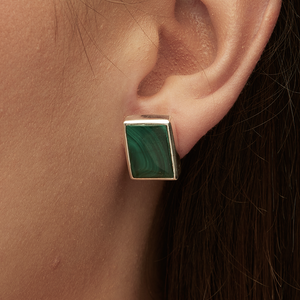 Green Malachite Silver Princess Cut Bezel Stud Earrings