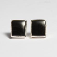 Load image into Gallery viewer, Black Onyx Silver Princess Cut Bezel Sofia Stud Earrings