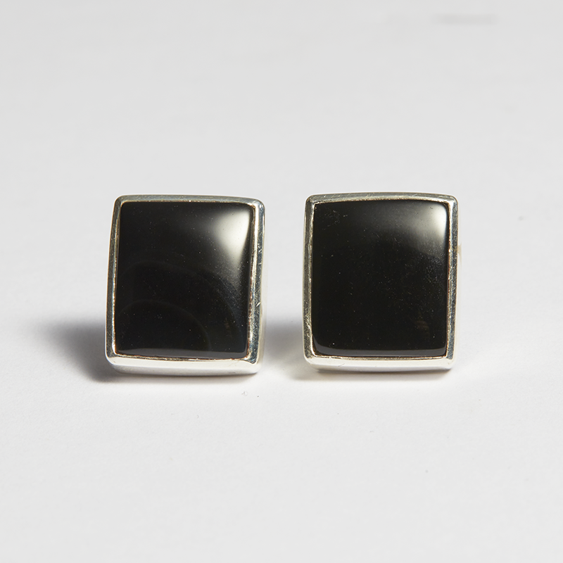 Black Onyx Silver Princess Cut Bezel Sofia Stud Earrings