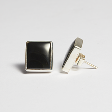 Load image into Gallery viewer, Black Onyx Silver Princess Cut Bezel Sofia Stud Earrings