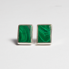 Load image into Gallery viewer, Green Malachite Silver Princess Cut Bezel Stud Earrings