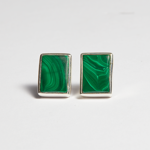 Green Malachite Silver Princess Cut Bezel Stud Earrings