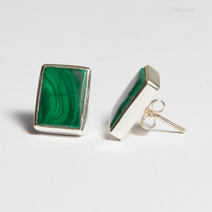 Green Malachite Silver Princess Cut Bezel Stud Earrings