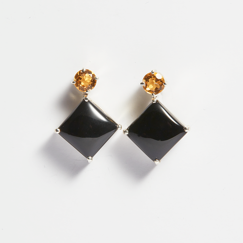 Yellow Citrine and Black Onyx Silver Bianca Drop Earrings