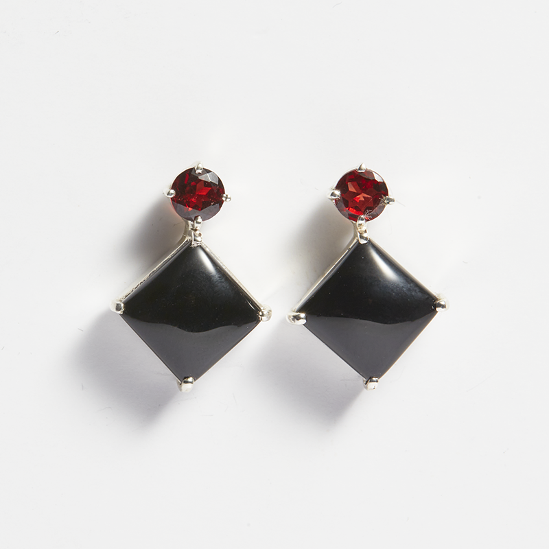 Red Garnet & Black Onyx Silver Bianca Drop Earrings