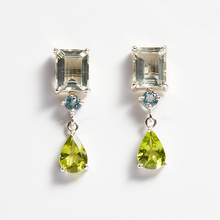 Load image into Gallery viewer, Green Amethyst, Swiss Blue Topaz &amp; Green Peridot Silver Lola Drop Earrings