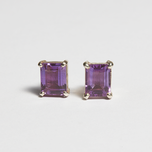 Purple Amethyst Silver Emerald Cut Sofia Stud Earrings